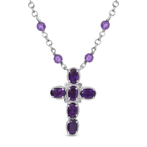 Karis African Amethyst 6.90 ctw Cross Necklace in Platinum Bond and Stainless Steel 18-20 Inches