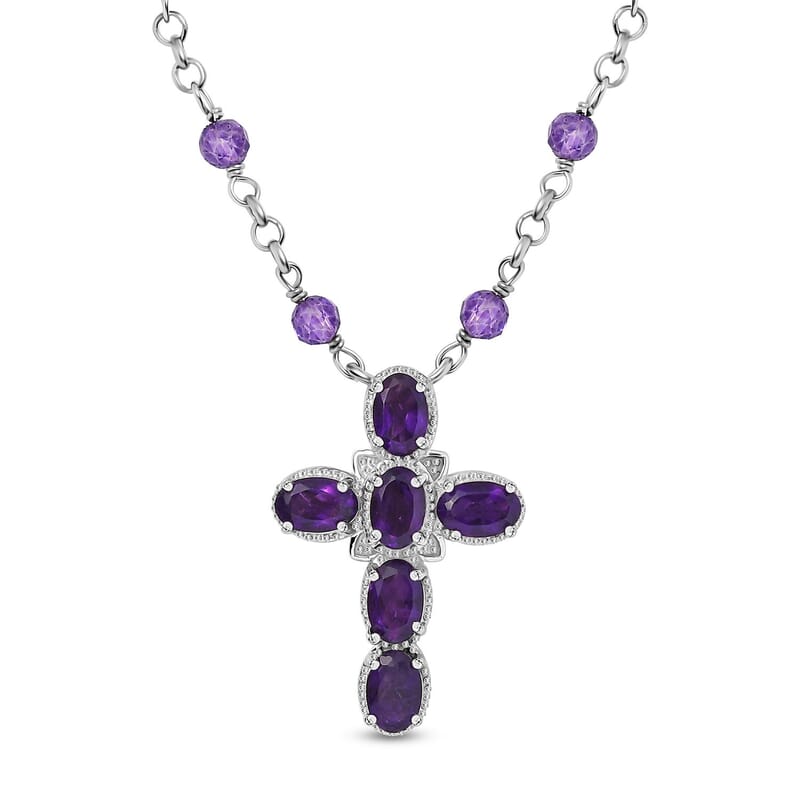 Karis African Amethyst 6.90 ctw Cross Necklace in Platinum Bond and Stainless Steel 18-20 Inches