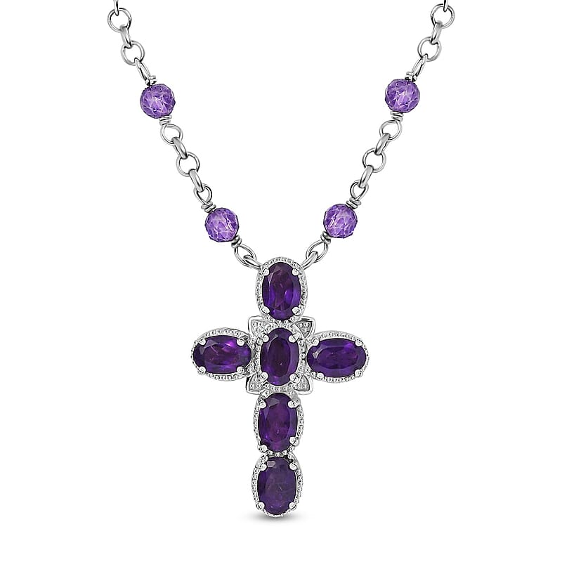 Karis African Amethyst 6.90 ctw Cross Necklace in Platinum Bond and Stainless Steel 18-20 Inches