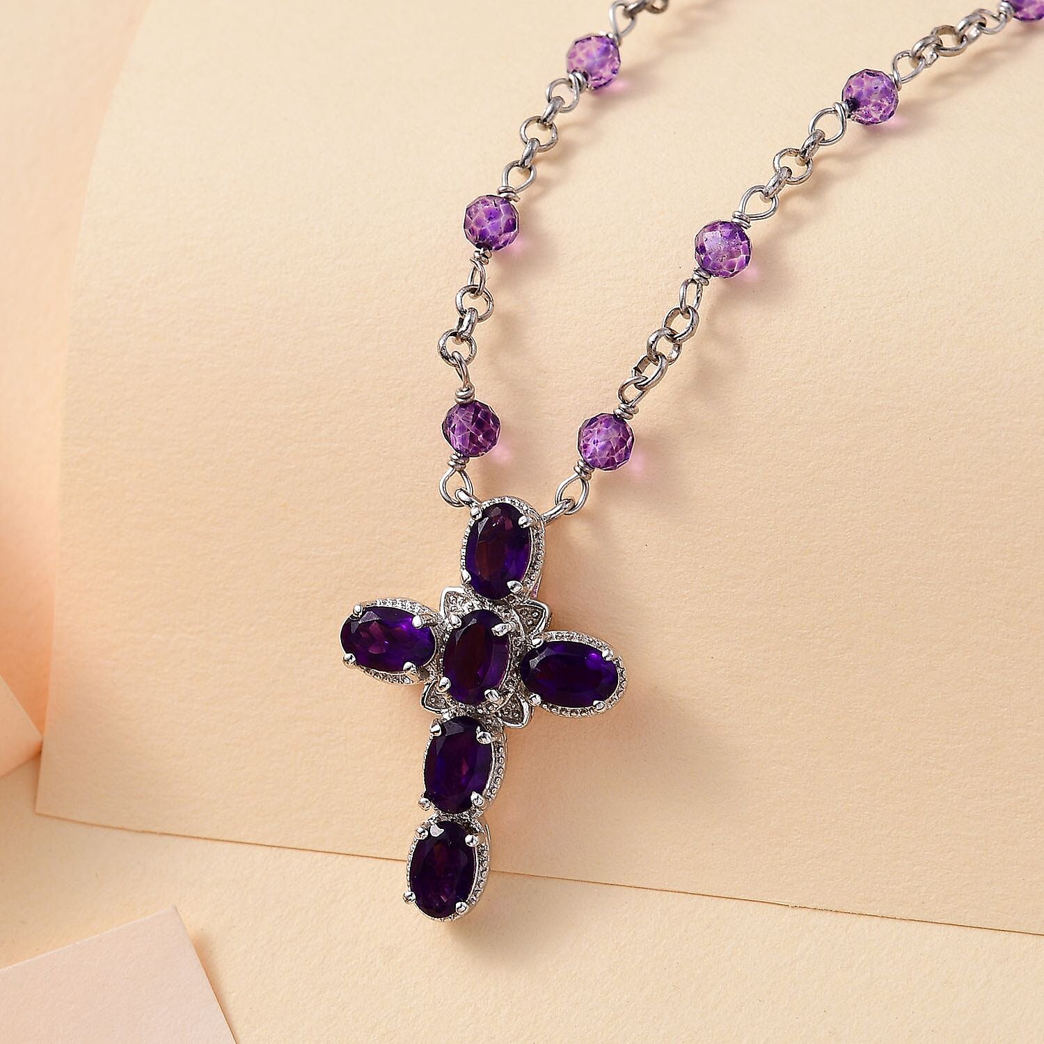 Karis African Amethyst 6.90 ctw Cross Necklace in Platinum Bond and Stainless Steel 18-20 Inches