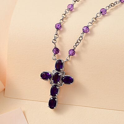 Karis African Amethyst 6.90 ctw Cross Necklace in Platinum Bond and Stainless Steel 18-20 Inches