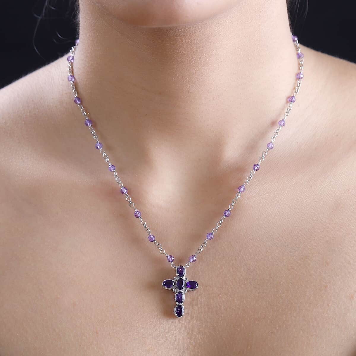 Karis African Amethyst 6.90 ctw Cross Necklace in Platinum Bond and Stainless Steel 18 Inches image number 2