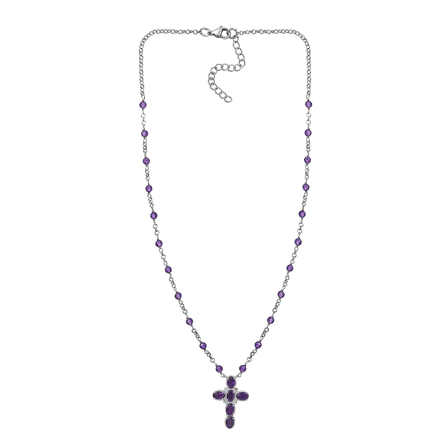 Karis African Amethyst 6.90 ctw Cross Necklace in Platinum Bond and Stainless Steel 18-20 Inches