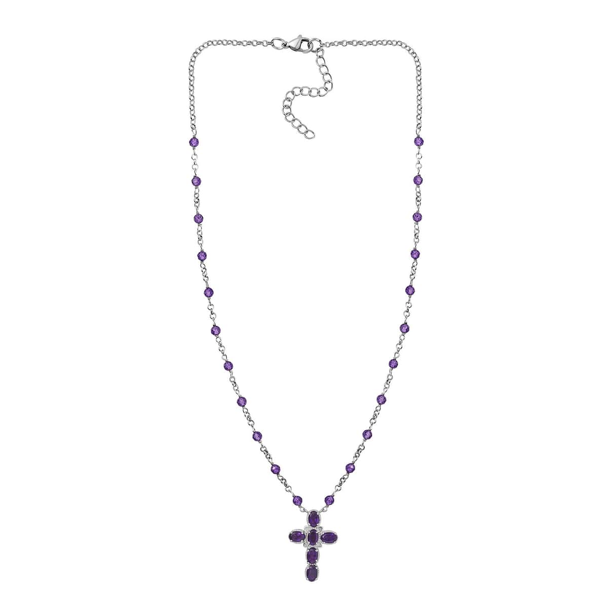 Karis African Amethyst 6.90 ctw Cross Necklace in Platinum Bond and Stainless Steel 18 Inches image number 3