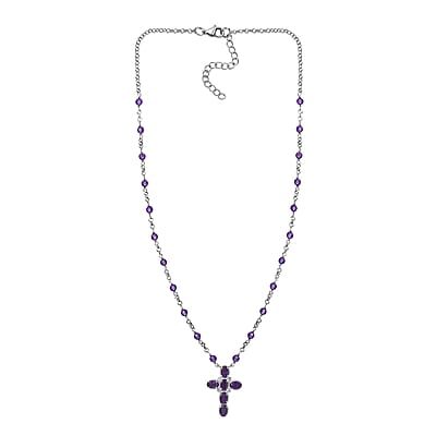 Karis African Amethyst 6.90 ctw Cross Necklace in Platinum Bond and Stainless Steel 18-20 Inches