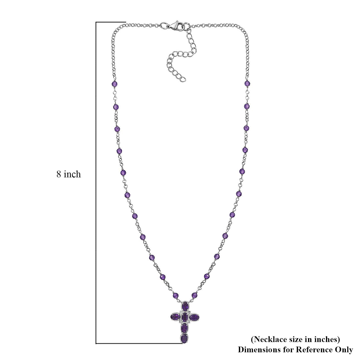 Karis African Amethyst 6.90 ctw Cross Necklace in Platinum Bond and Stainless Steel 18-20 Inches