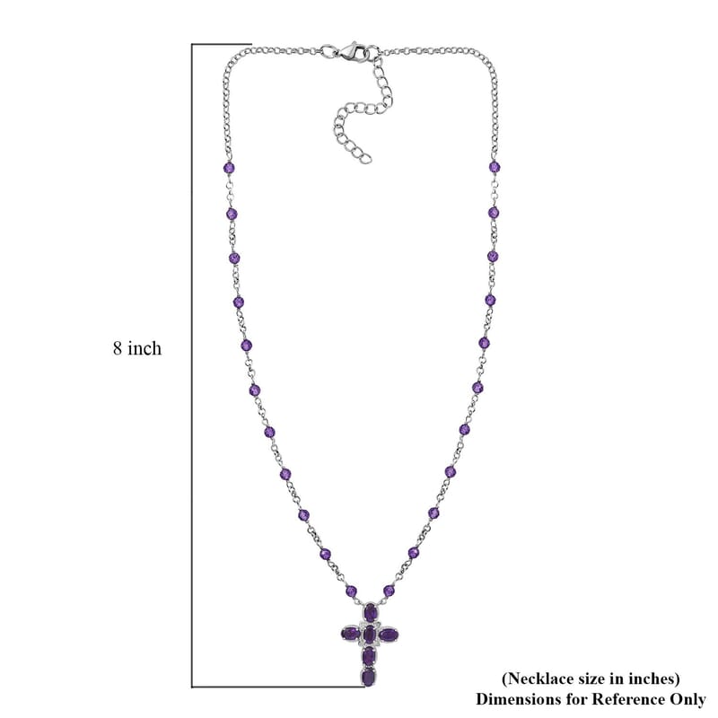 Karis African Amethyst 6.90 ctw Cross Necklace in Platinum Bond and Stainless Steel 18-20 Inches