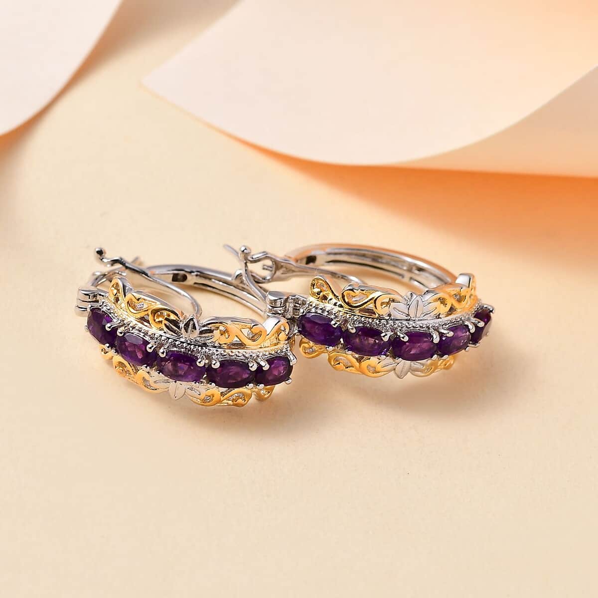 Karis African Amethyst 2.20 ctw Hoop Earrings in 18K YG Plated and Platinum Bond image number 1