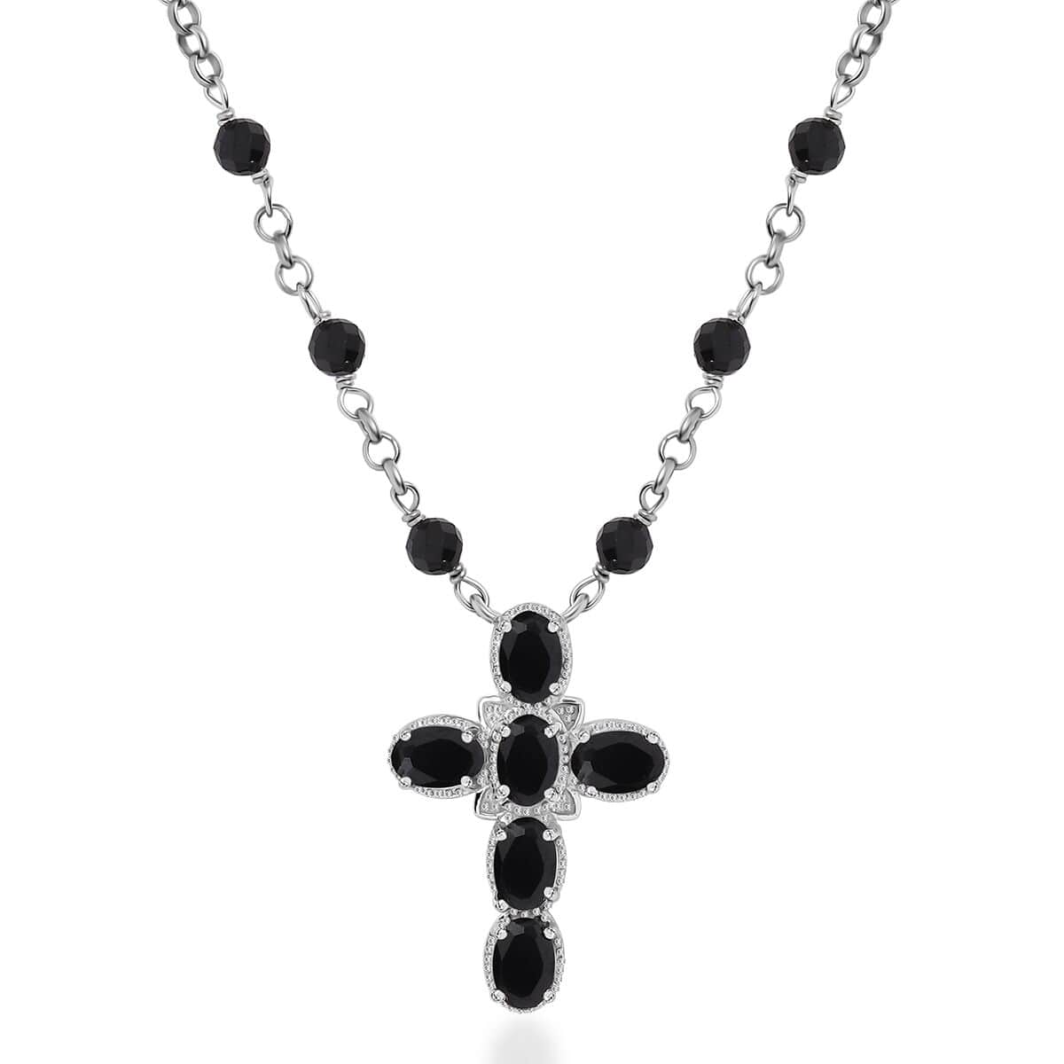 Karis Thai Black Spinel 9.60 ctw Cross Necklace in Platinum Bond and Stainless Steel 18-20 Inches image number 0