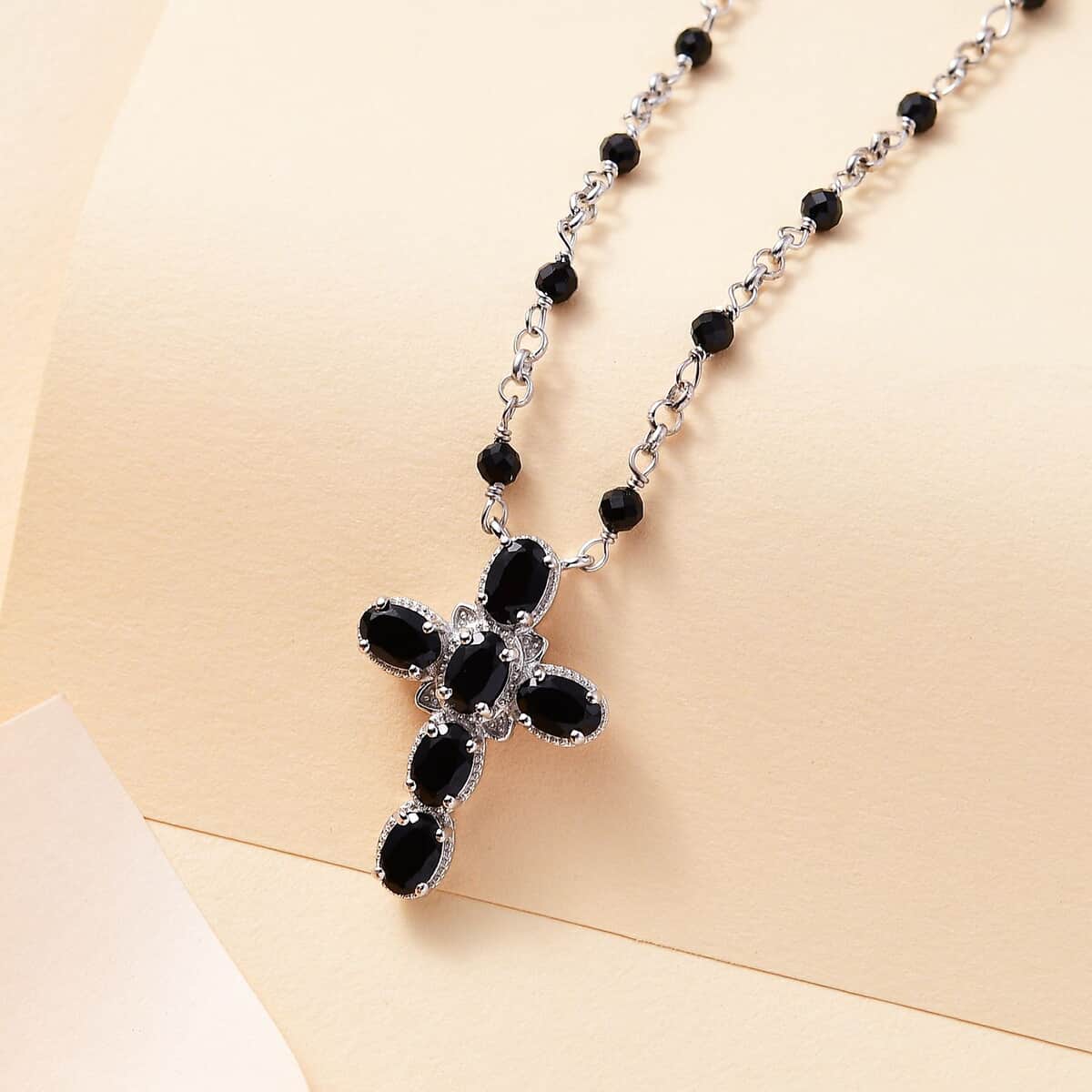 Karis Thai Black Spinel 9.60 ctw Cross Necklace in Platinum Bond and Stainless Steel 18-20 Inches image number 1