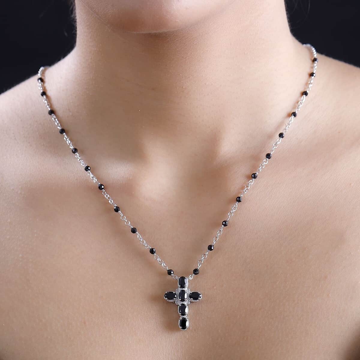 Karis Thai Black Spinel 9.60 ctw Cross Necklace in Platinum Bond and Stainless Steel 18-20 Inches image number 2