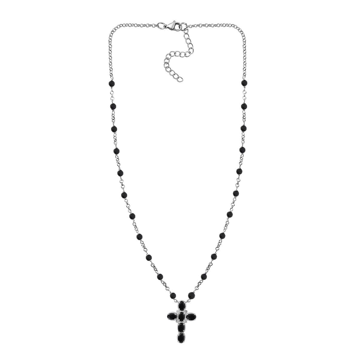 Karis Thai Black Spinel 9.60 ctw Cross Necklace in Platinum Bond and Stainless Steel 18-20 Inches image number 3