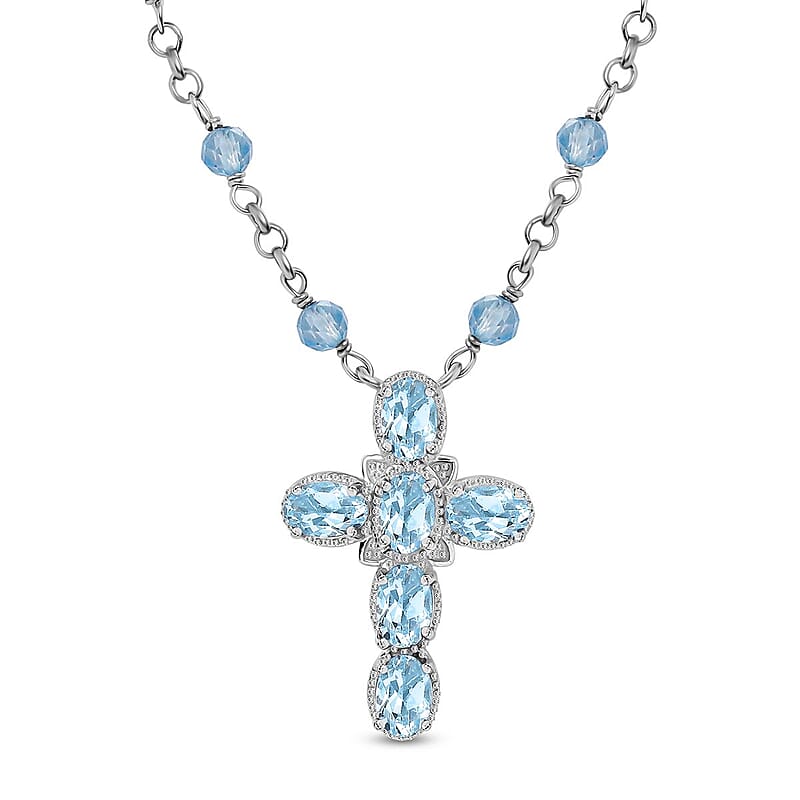 Karis Sky Blue Topaz 7.60 ctw Cross Necklace in Platinum Bond and Stainless Steel 18-20 Inches