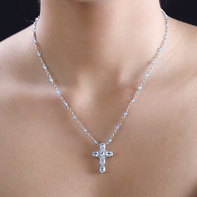 Karis Sky Blue Topaz 7.60 ctw Cross Necklace in Platinum Bond and Stainless Steel 18-20 Inches