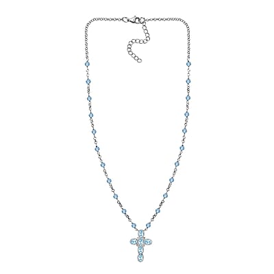 Karis Sky Blue Topaz 7.60 ctw Cross Necklace in Platinum Bond and Stainless Steel 18-20 Inches