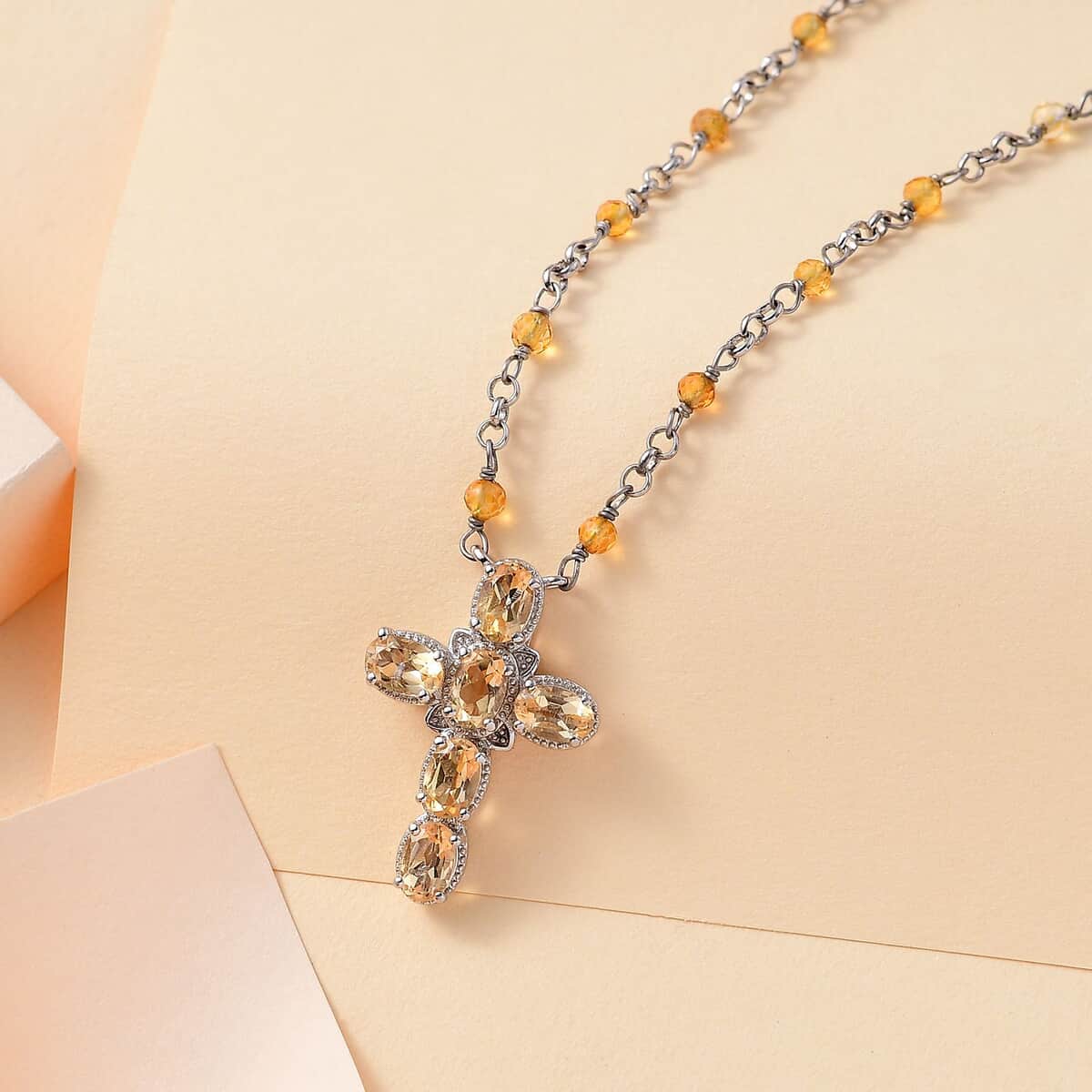 Karis Brazilian Citrine 7.00 ctw Cross Necklace in Platinum Bond and Stainless Steel 18-20 Inches image number 1