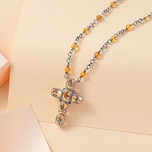 Karis Brazilian Citrine 7.00 ctw Cross Necklace in Platinum Bond and Stainless Steel 18-20 Inches