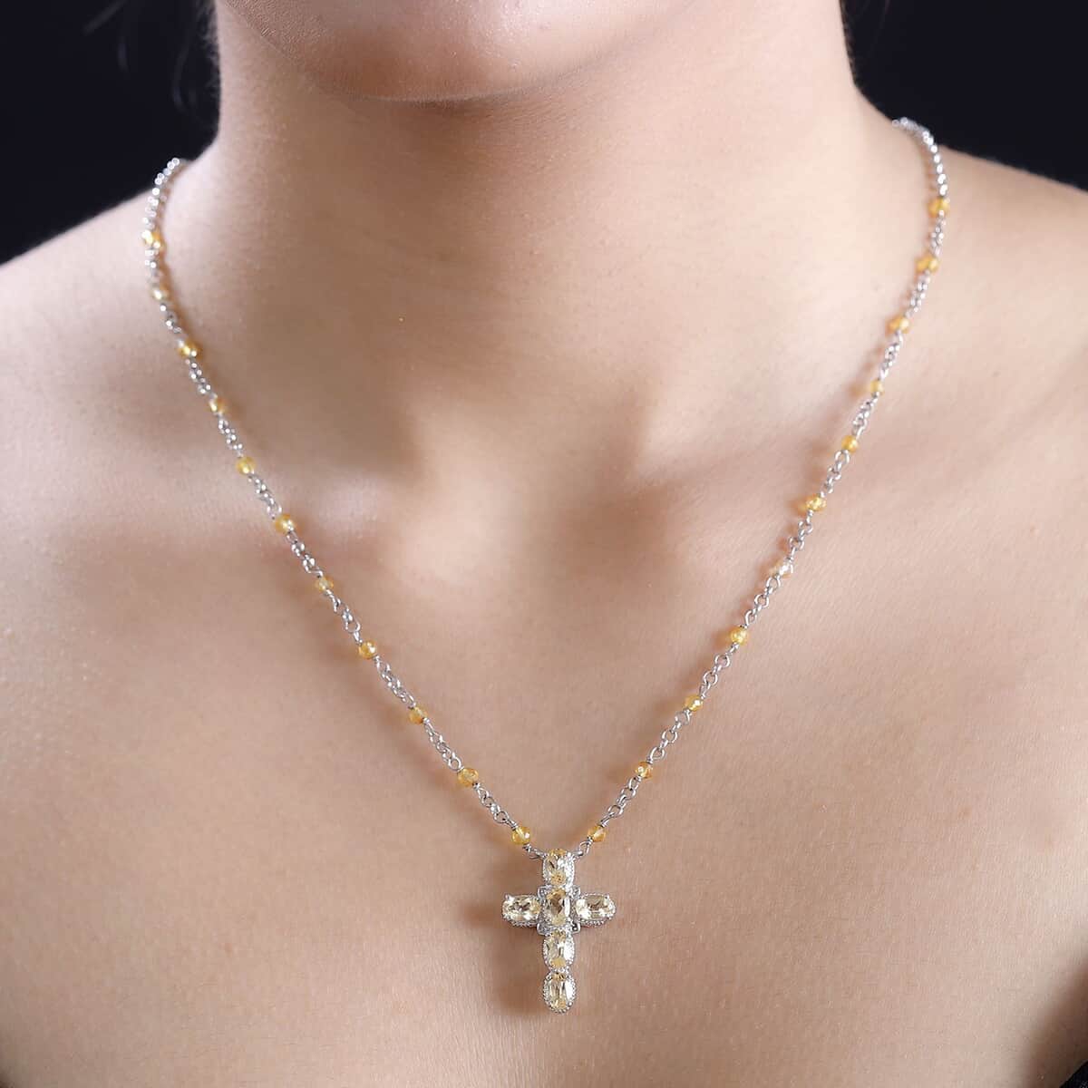 Karis Brazilian Citrine 7.00 ctw Cross Necklace in Platinum Bond and Stainless Steel 18-20 Inches image number 2