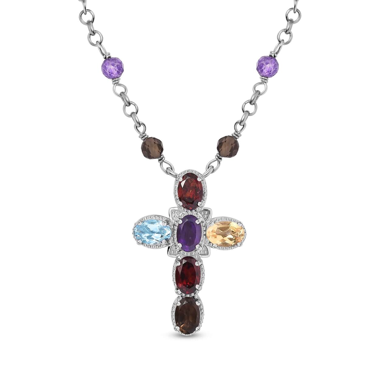 Karis Multi Gemstone 7.85 ctw Cross Necklace in Platinum Bond and Stainless Steel 18-20 Inches image number 0