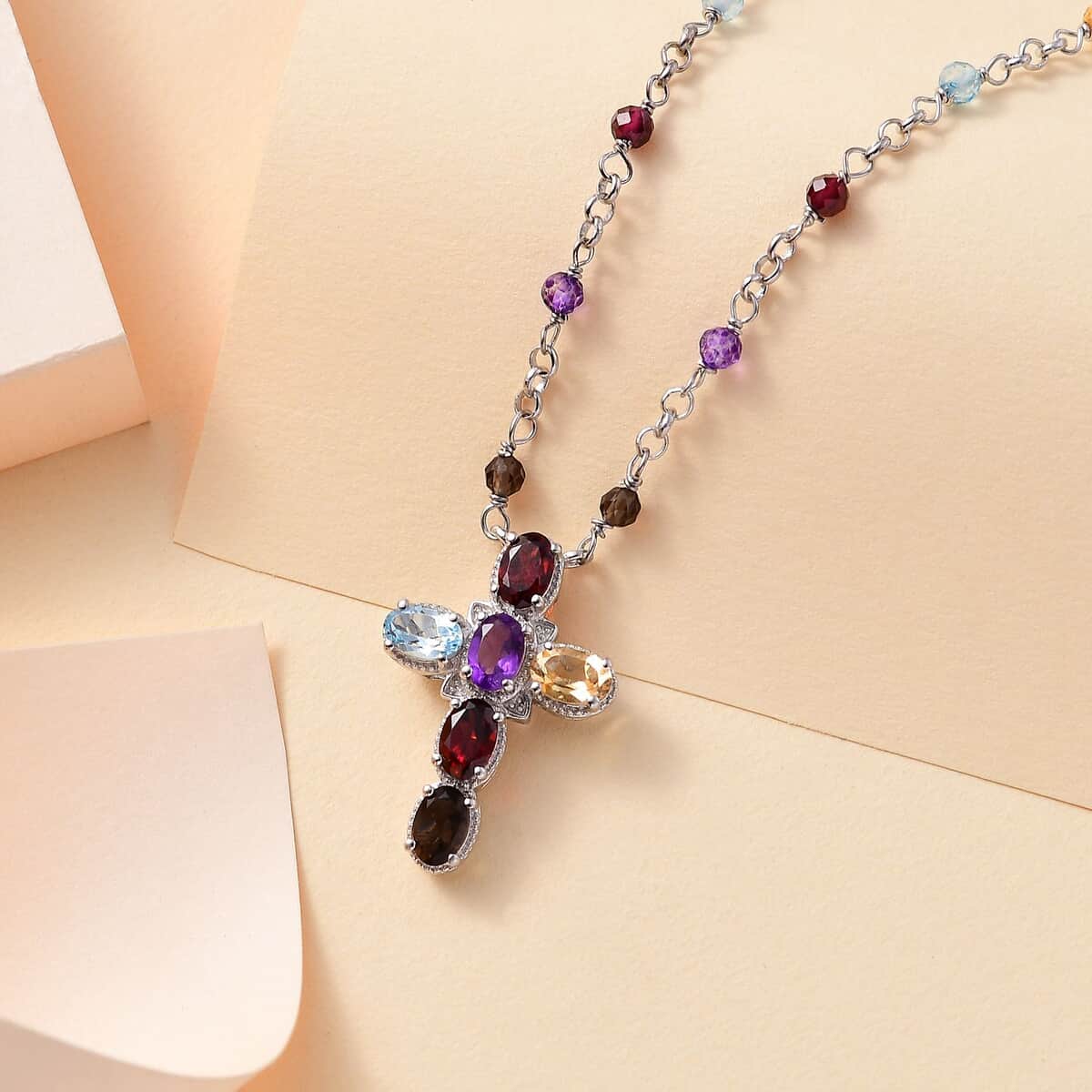 Karis Multi Gemstone 7.85 ctw Cross Necklace in Platinum Bond and Stainless Steel 18-20 Inches image number 1