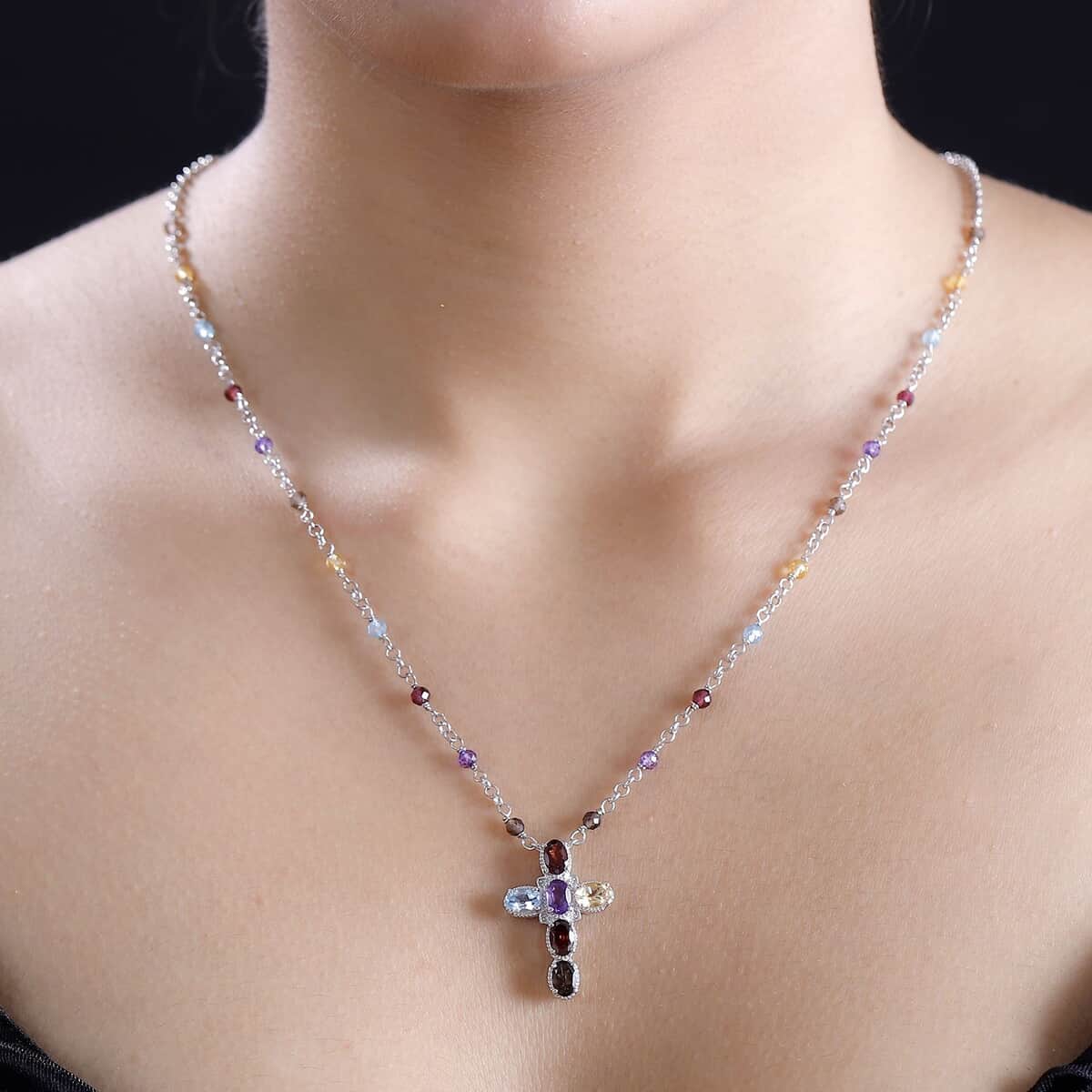 Karis Multi Gemstone 7.85 ctw Cross Necklace in Platinum Bond and Stainless Steel 18-20 Inches image number 2