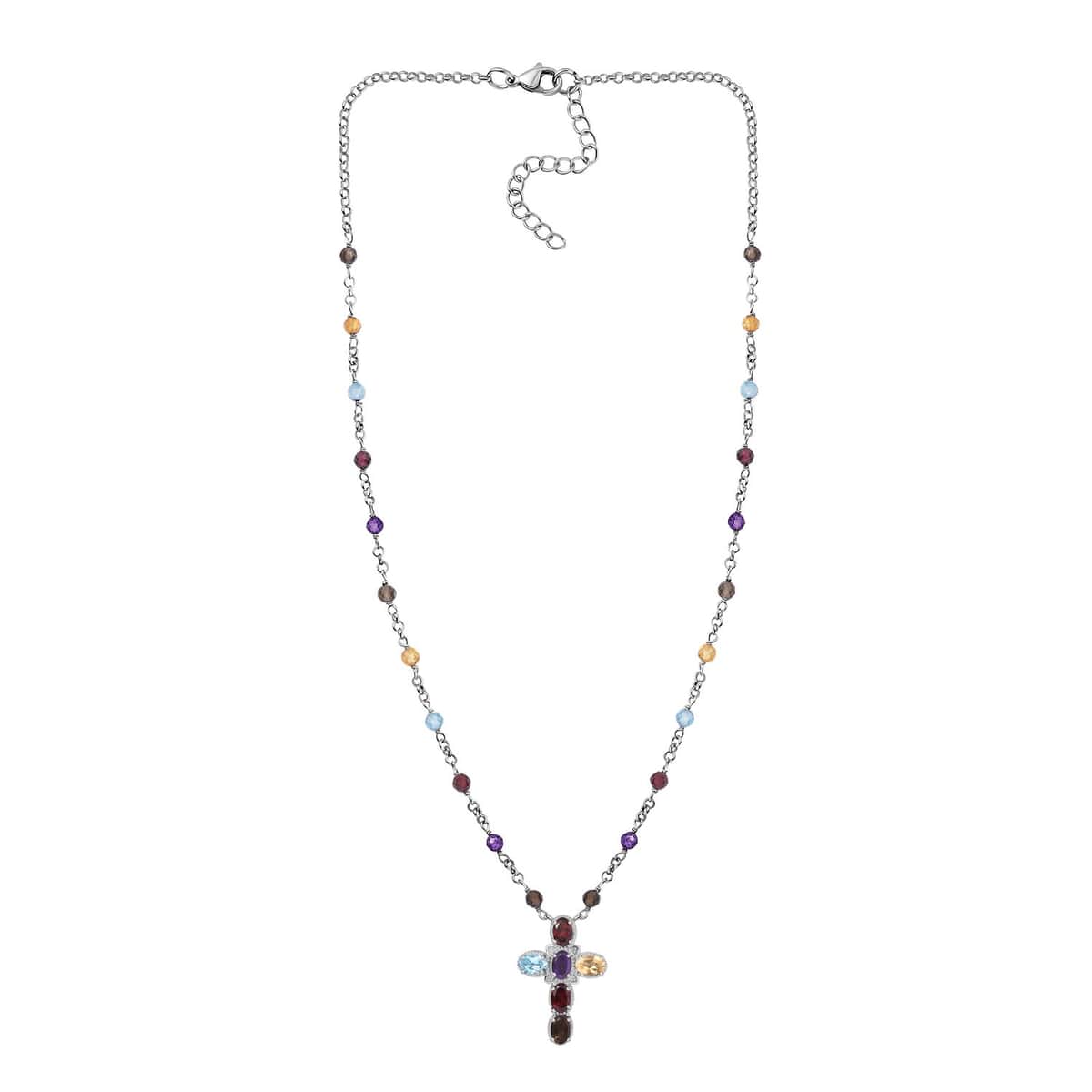 Karis Multi Gemstone 7.85 ctw Cross Necklace in Platinum Bond and Stainless Steel 18-20 Inches image number 3