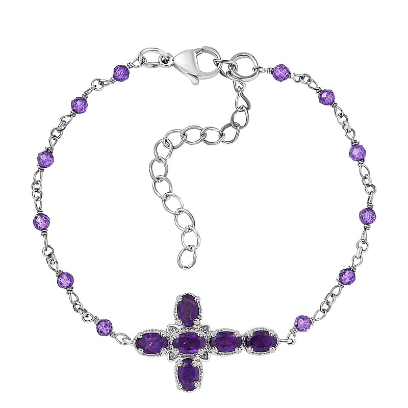 Karis African Amethyst 5.50 ctw Cross Bracelet in Platinum Bond (7.25-8.75In)