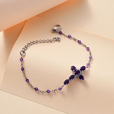 Karis African Amethyst 5.50 ctw Cross Bracelet in Platinum Bond (7.25-8.75In)