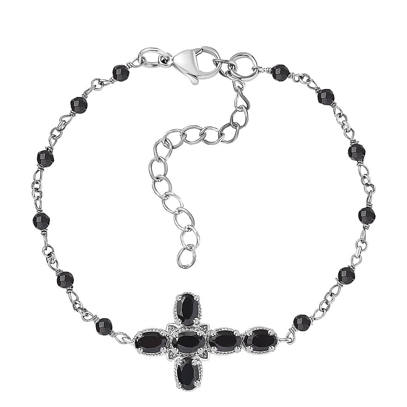 Karis Thai Black Spinel 6.85 ctw Cross Bracelet in Platinum Bond (7.25-8.75In) 
