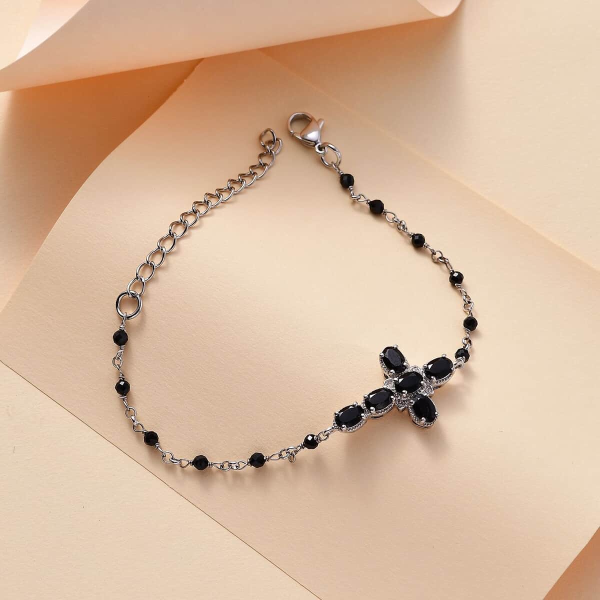 Karis Thai Black Spinel 6.85 ctw Cross Bracelet in Platinum Bond (7.25-8.75In)  image number 1