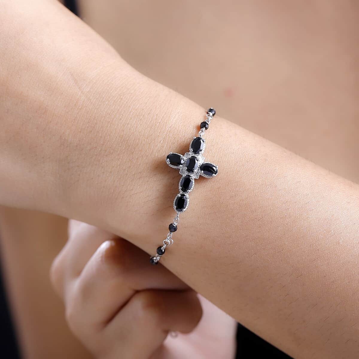 Karis Thai Black Spinel 6.85 ctw Cross Bracelet in Platinum Bond (7.25-8.75In)  image number 2