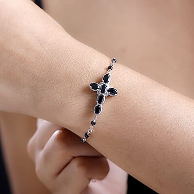 Karis Thai Black Spinel 6.85 ctw Cross Bracelet in Platinum Bond (7.25-8.75In) 