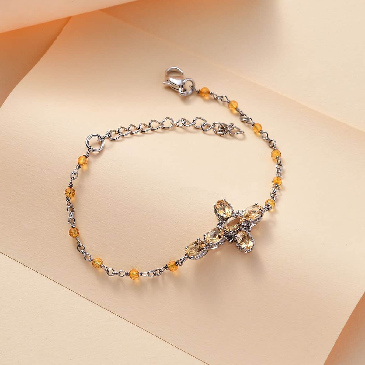 Karis Brazilian Citrine 4.60 ctw Cross Bracelet in Platinum Bon (7.25-8.75In) image number 1