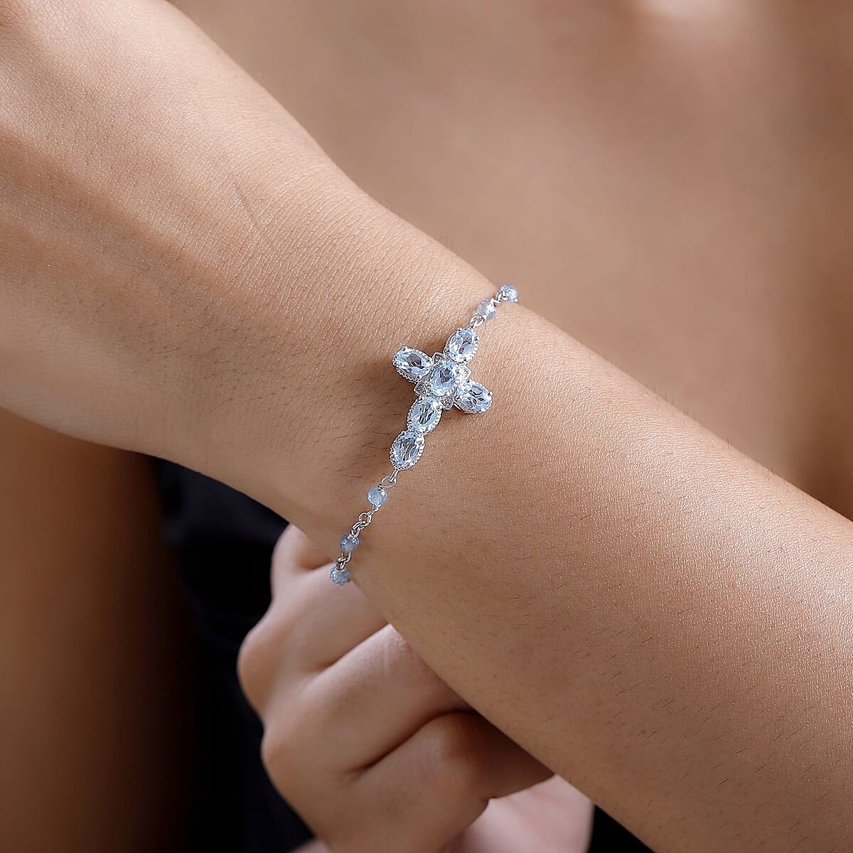 Karis Sky Blue Topaz 6.35 ctw Cross Bracelet in Platinum Bond (7.25-8.75In) image number 2