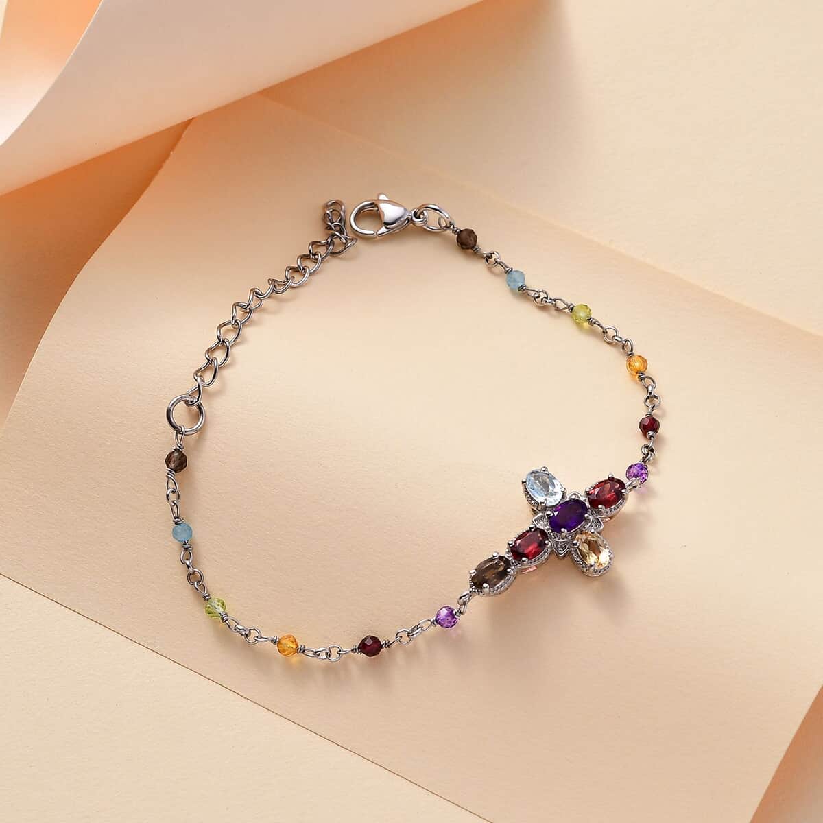 Karis Multi Gemstone 5.65 ctw Cross Bracelet in Platinum Bond (7.25-8.75In) image number 1