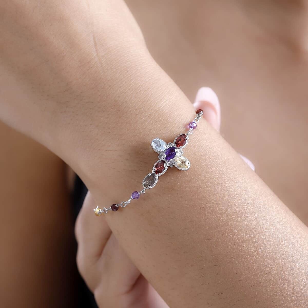 Karis Multi Gemstone 5.65 ctw Cross Bracelet in Platinum Bond (7.25-8.75In) image number 2