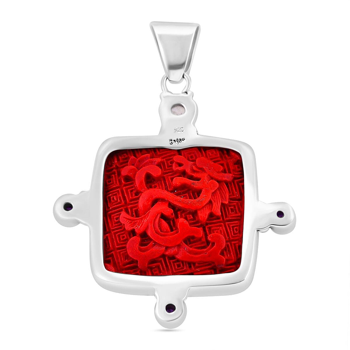 Mexican Cinnabar and Amethyst 23.94 ctw Pendant in Sterling Silver (10.31 g)