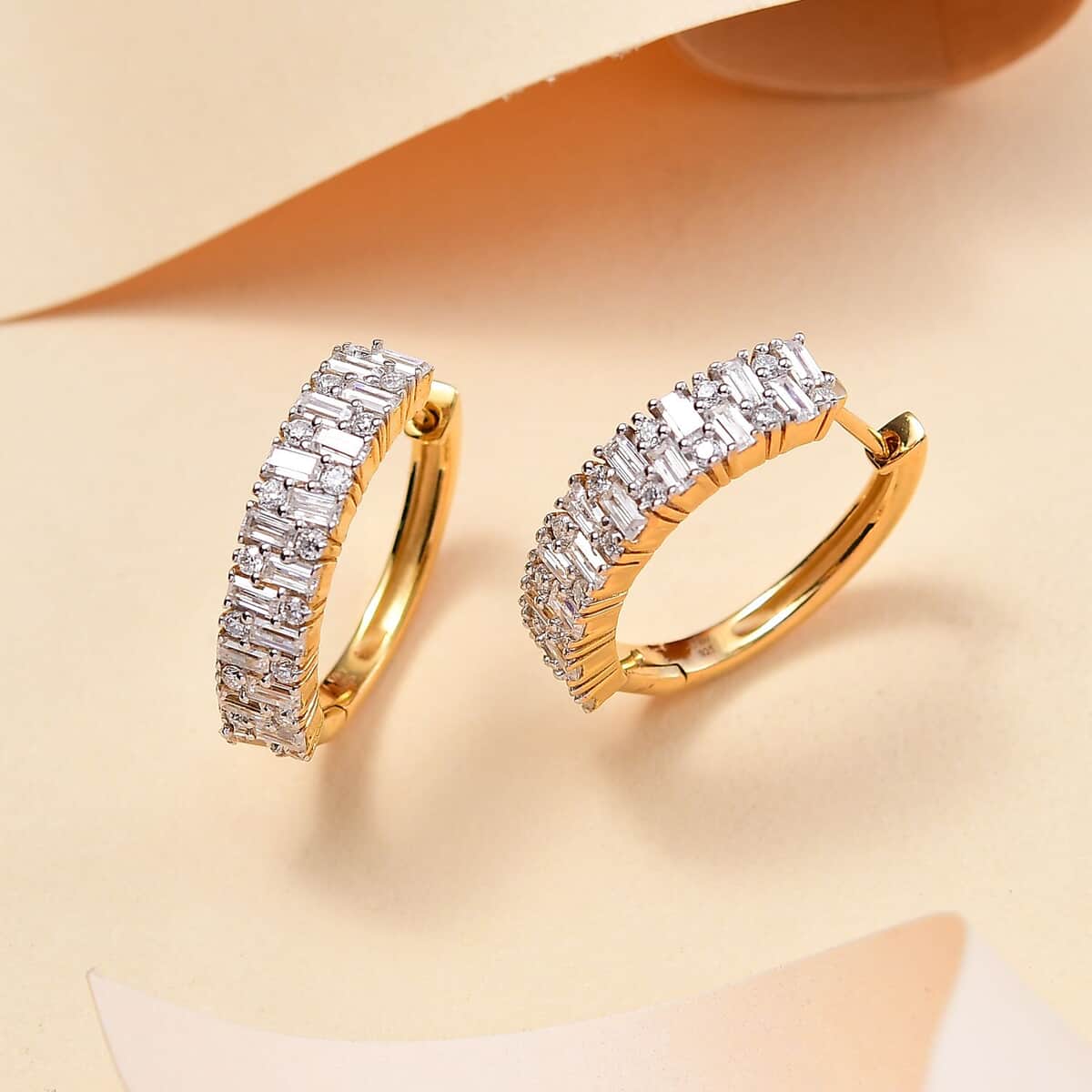 Doorbuster Moissanite 2.50 ctw Art Deco Hoop Earrings in 18K Vermeil Yellow Gold Over Sterling Silver image number 1