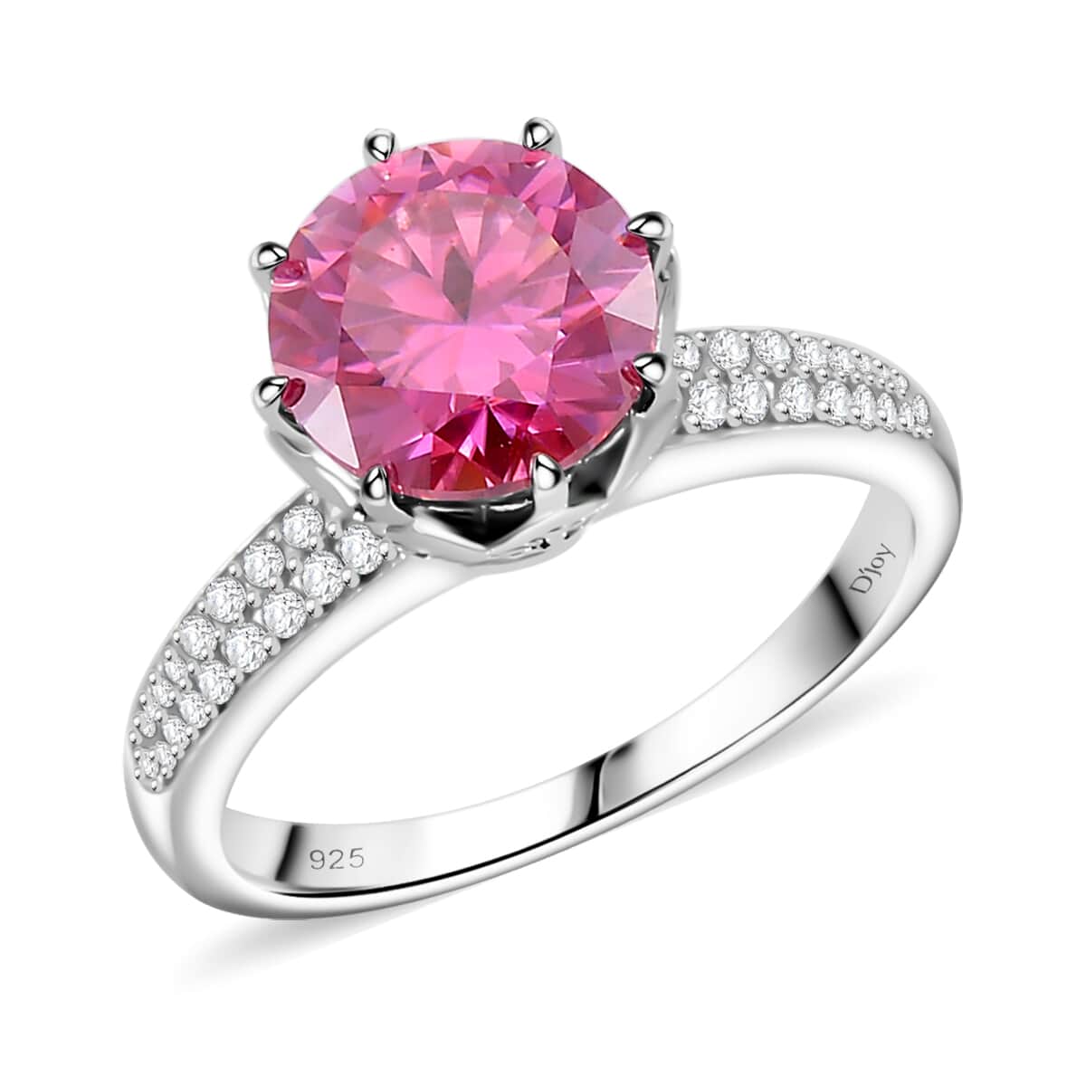 Lotus Pink Moissanite (Rnd 9mm), Moissanite Crown of Petals Ring in Rhodium Over Sterling Silver (Size 10.0) 2.90 ctw image number 0