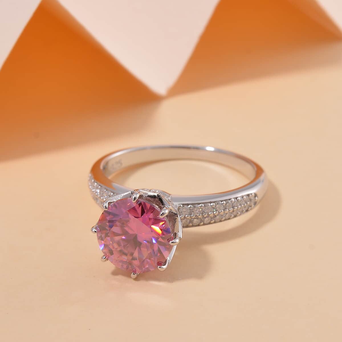 Lotus Pink and White Moissanite 2.90 ctw Crown of Petals Ring in Rhodium Over Sterling Silver (Size 10.0) image number 1