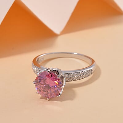 Lotus Pink and White Moissanite 2.90 ctw Crown of Petals Ring in Rhodium Over Sterling Silver (Size 10.0)