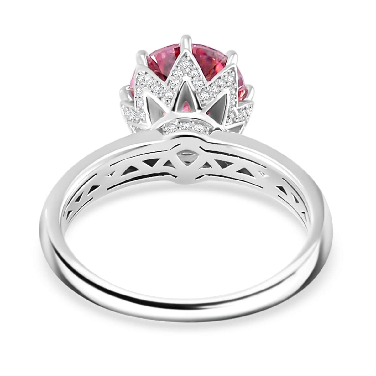 Lotus Pink Moissanite (Rnd 9mm), Moissanite Crown of Petals Ring in Rhodium Over Sterling Silver (Size 10.0) 2.90 ctw image number 4