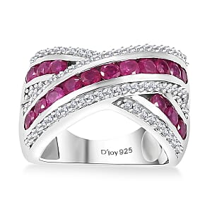 D'Joy Premium Mozambique Ruby and White Zircon 2.35 ctw Criss Cross Ring in Rhodium Over Sterling Silver (Size 10.0)