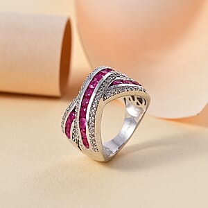 D'Joy Premium Mozambique Ruby and White Zircon 2.35 ctw Criss Cross Ring in Rhodium Over Sterling Silver (Size 10.0)