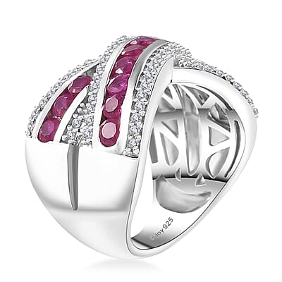 D'Joy Premium Mozambique Ruby and White Zircon 2.35 ctw Criss Cross Ring in Rhodium Over Sterling Silver (Size 10.0)