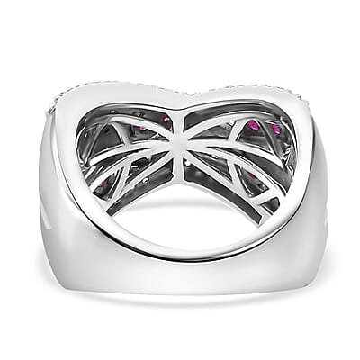 D'Joy Premium Mozambique Ruby and White Zircon 2.35 ctw Criss Cross Ring in Rhodium Over Sterling Silver (Size 10.0)