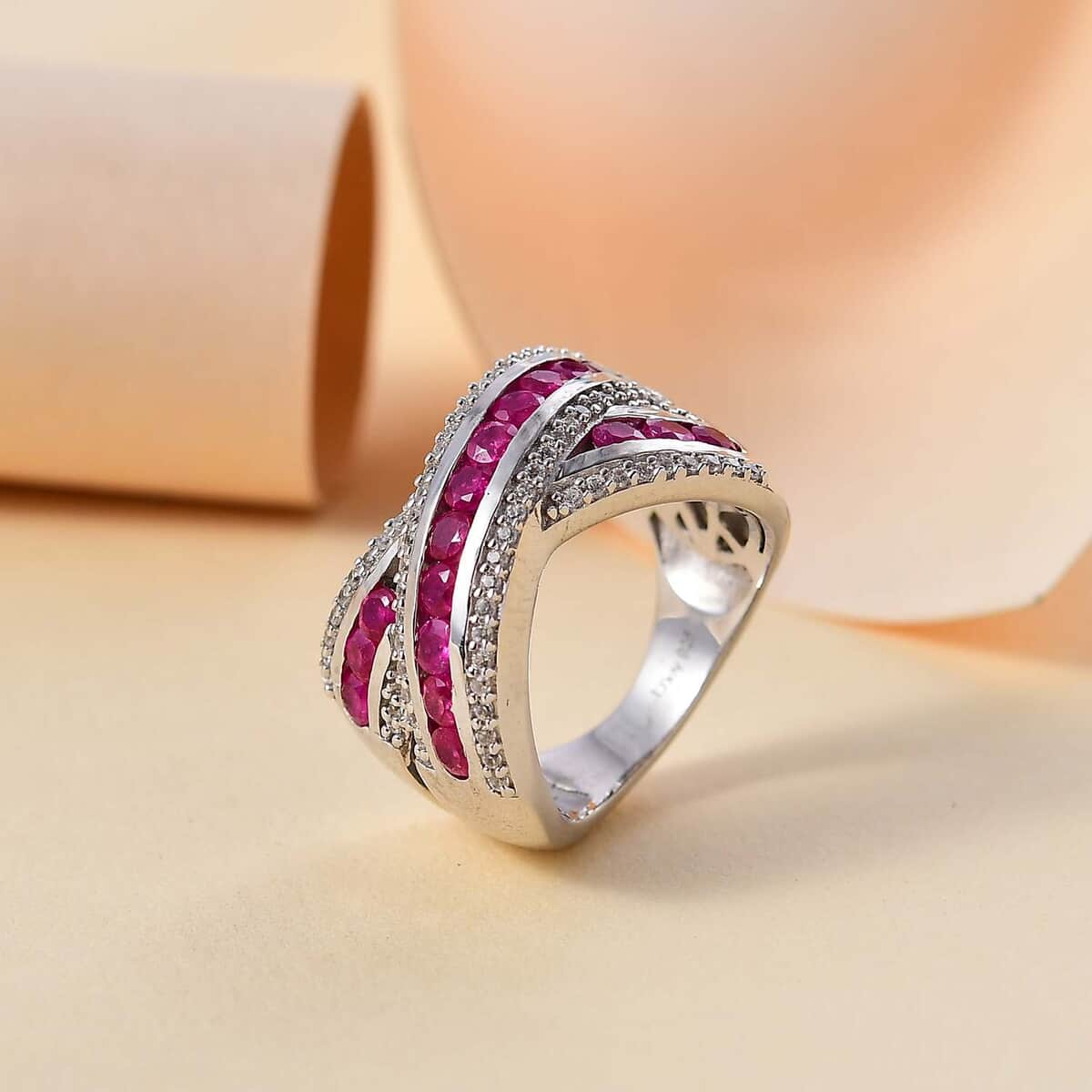 Doorbuster Premium Mozambique Ruby and White Zircon 2.35 ctw Bridge Over Ring in Rhodium Over Sterling Silver (Size 7.0) image number 1