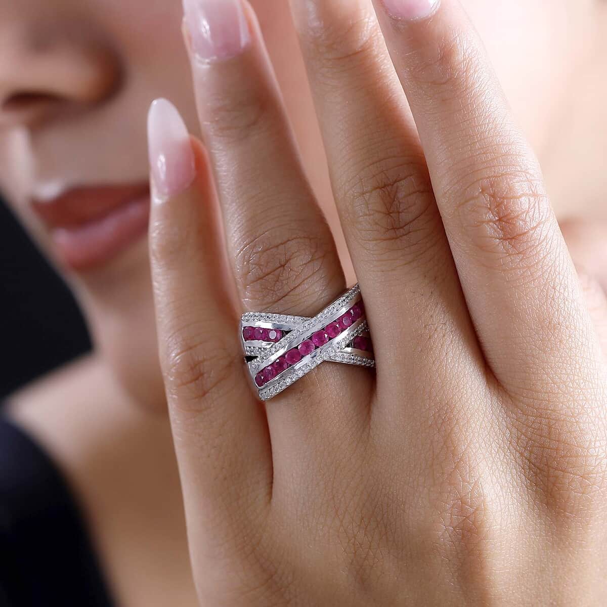 Doorbuster Premium Mozambique Ruby and White Zircon 2.35 ctw Bridge Over Ring in Rhodium Over Sterling Silver (Size 7.0) image number 2