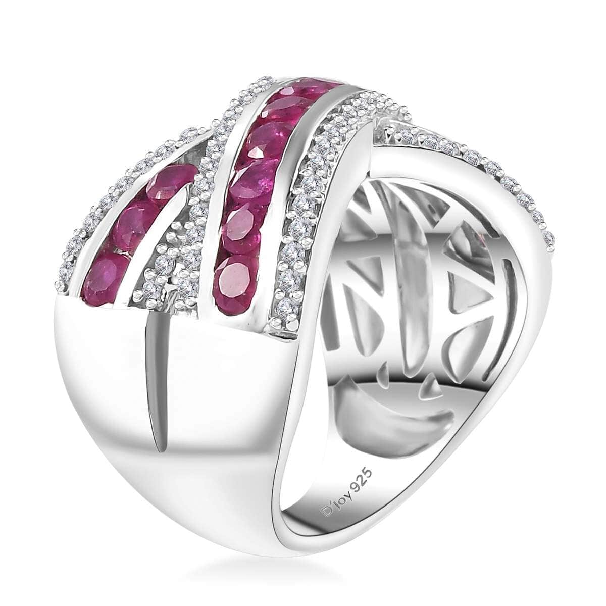 Doorbuster Premium Mozambique Ruby and White Zircon 2.35 ctw Bridge Over Ring in Rhodium Over Sterling Silver (Size 7.0) image number 3