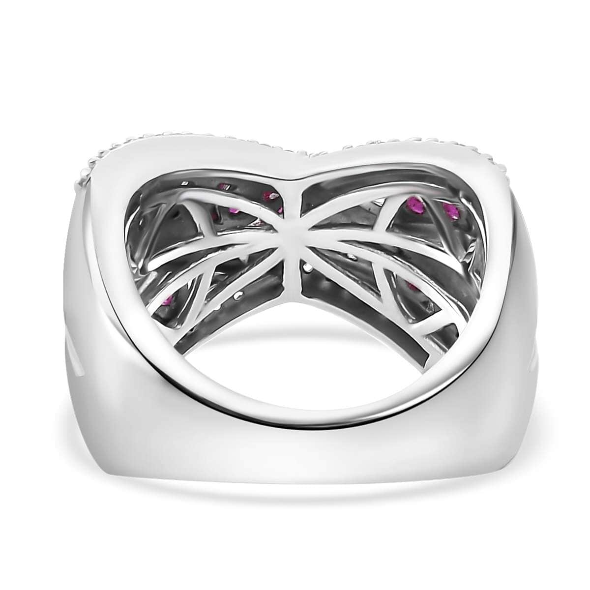 Doorbuster Premium Mozambique Ruby and White Zircon 2.35 ctw Bridge Over Ring in Rhodium Over Sterling Silver (Size 7.0) image number 4